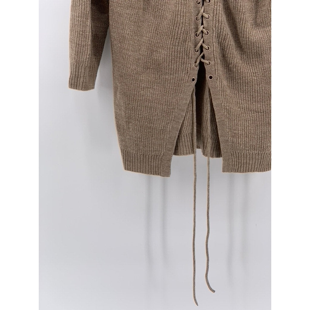 NEW YORK & COMPANY Women's Brown Knit Lace-Up 3/4 Sleeve Crewneck Sweater SZ S