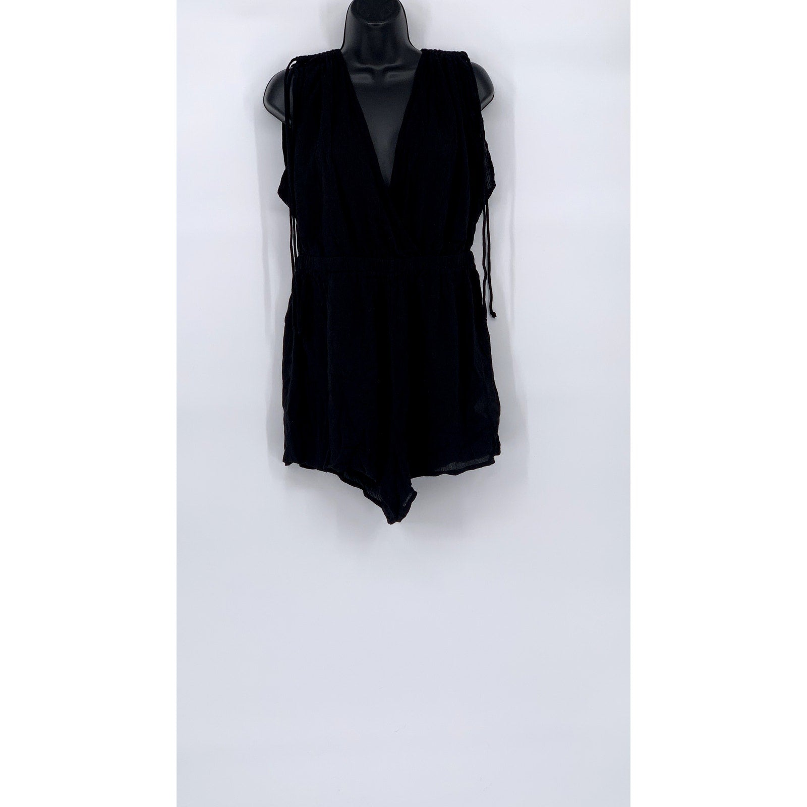 ASOS DESIGN Women's Black Crinkle Tie-Shoulder V-Neck Semi Sheer Romper SZ 8