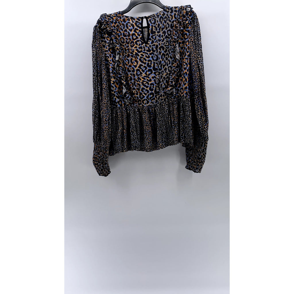 BLANK LONDON Women's Black-Blue-Orange Leopard Print Ruffle Long Sleeve Top SZ L