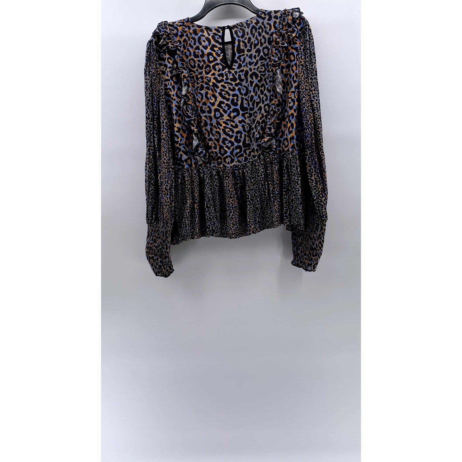 BLANK LONDON Women's Black-Blue-Orange Leopard Print Ruffle Long Sleeve Top SZ L