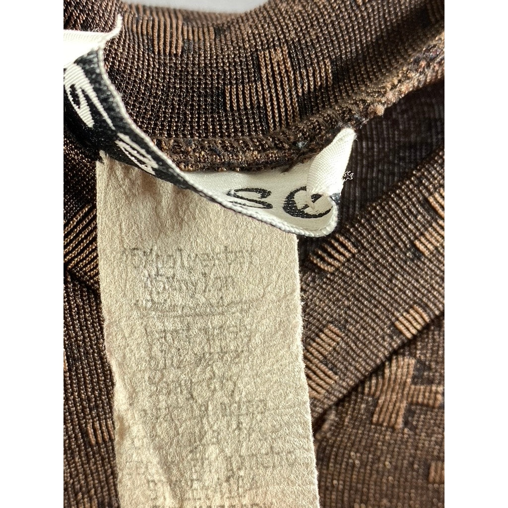 ES SE Women's Brown Cross Print Semi Sheer V-Neck Short Sleeve Top SZ M