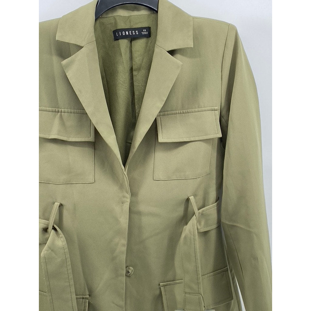 LIONESS Women's Olive Green Button-Up Notch Collar Belted Mini Blazer SZ XS