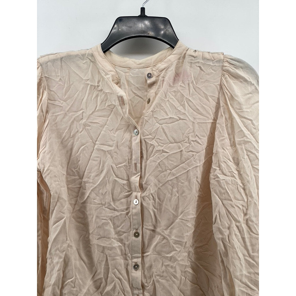 SHUMAQ Women's Light Pink Collarless Ruffle Button-Up Long Sleeves Top SZ S