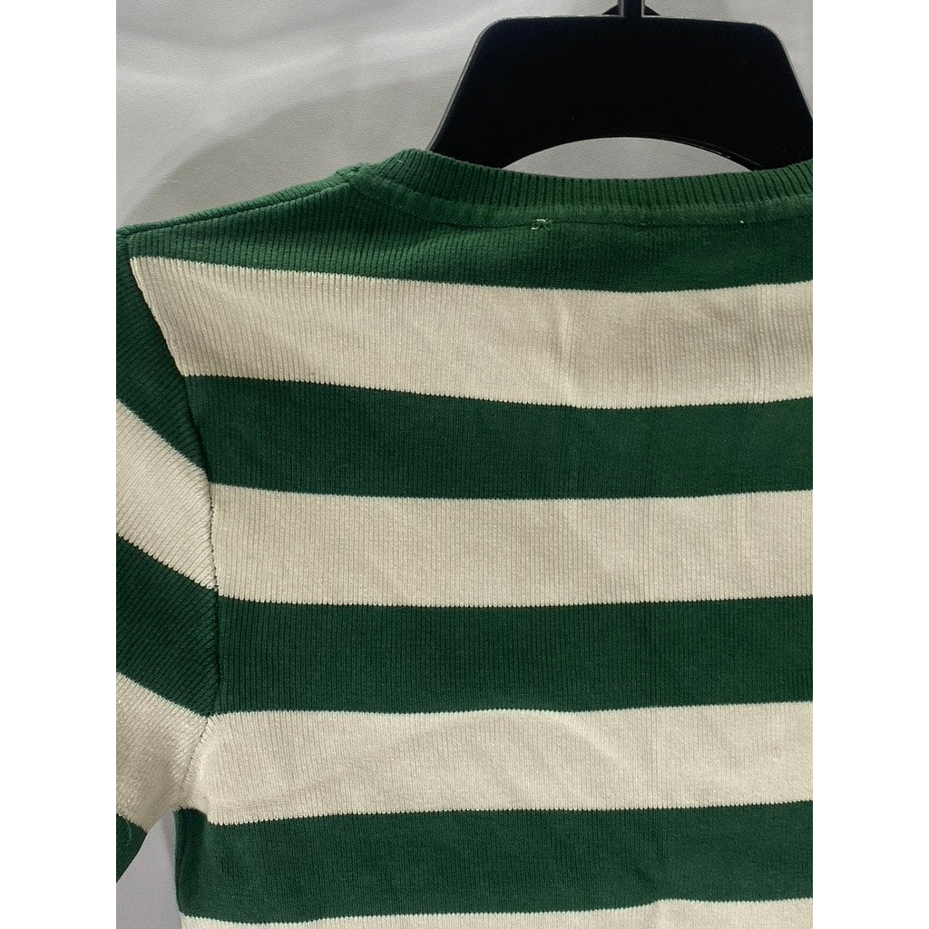 ZARA Women's Green-Cream Striped Crewneck Long Sleeve Cropped Top SZ S