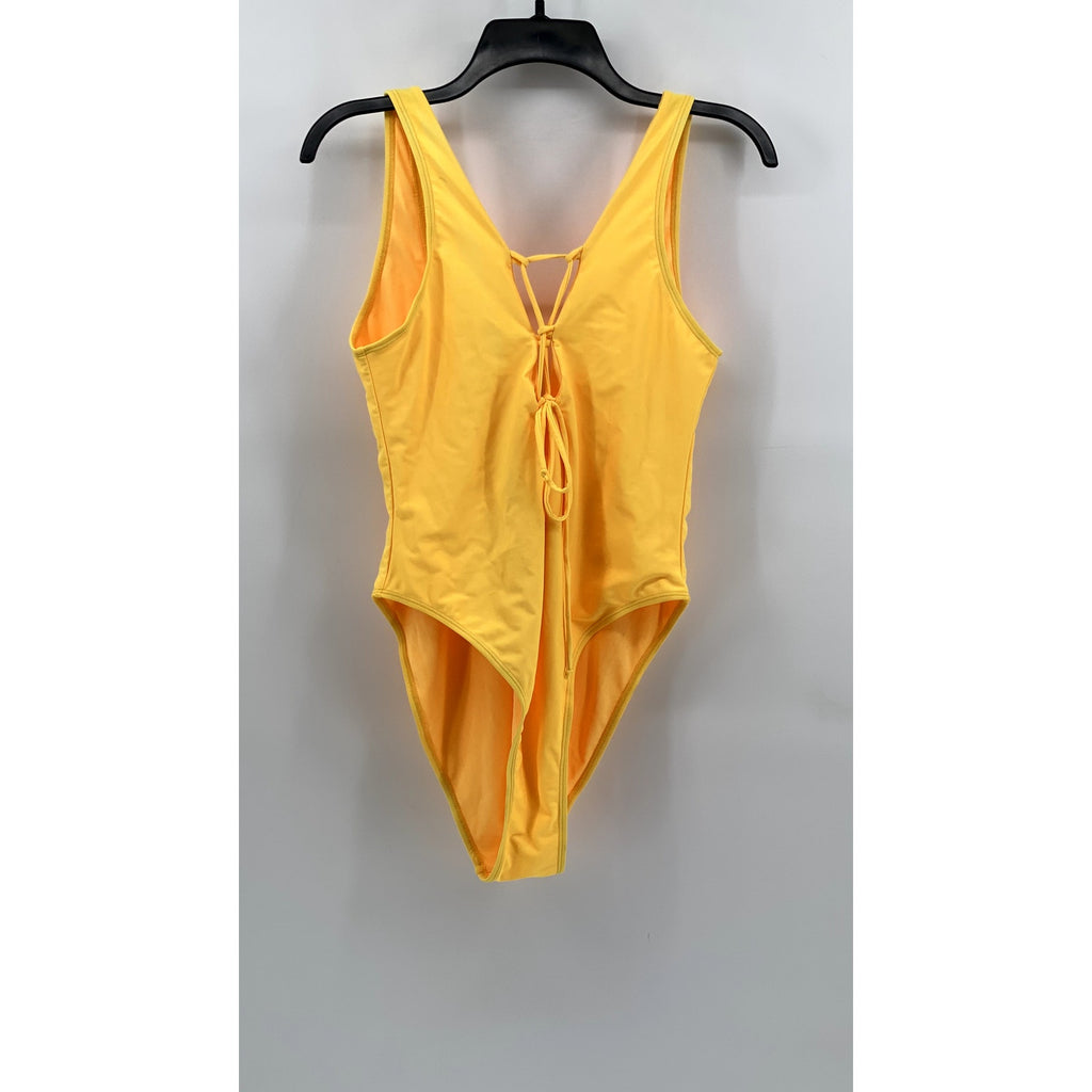 SHEKINI Women's Yellow Solid Lace-Up One-Piece Swimsuit SZ XL