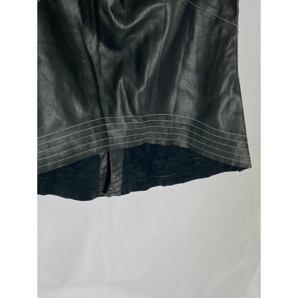 ZARA BASIC Women's Black Faux-Leather Contrast Stitch Back Zipper Top SZ M