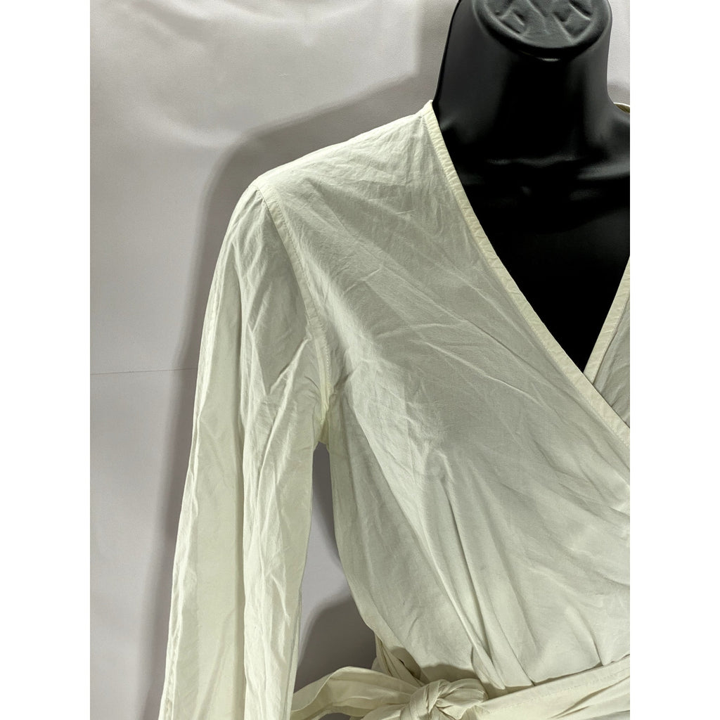 GANNI Women's White V-Neck Long Sleeve Wrap Poplin Top SZ 36(S)