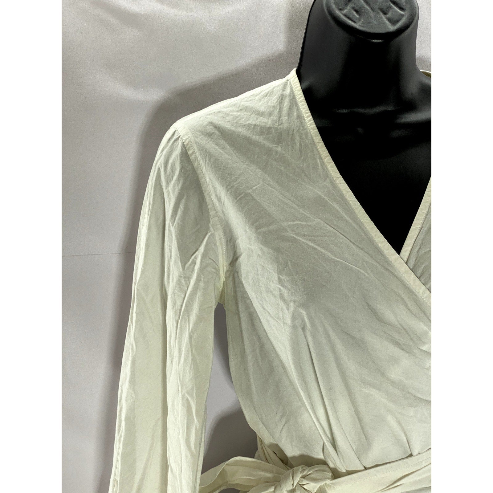 GANNI Women's White V-Neck Long Sleeve Wrap Poplin Top SZ 36(S)