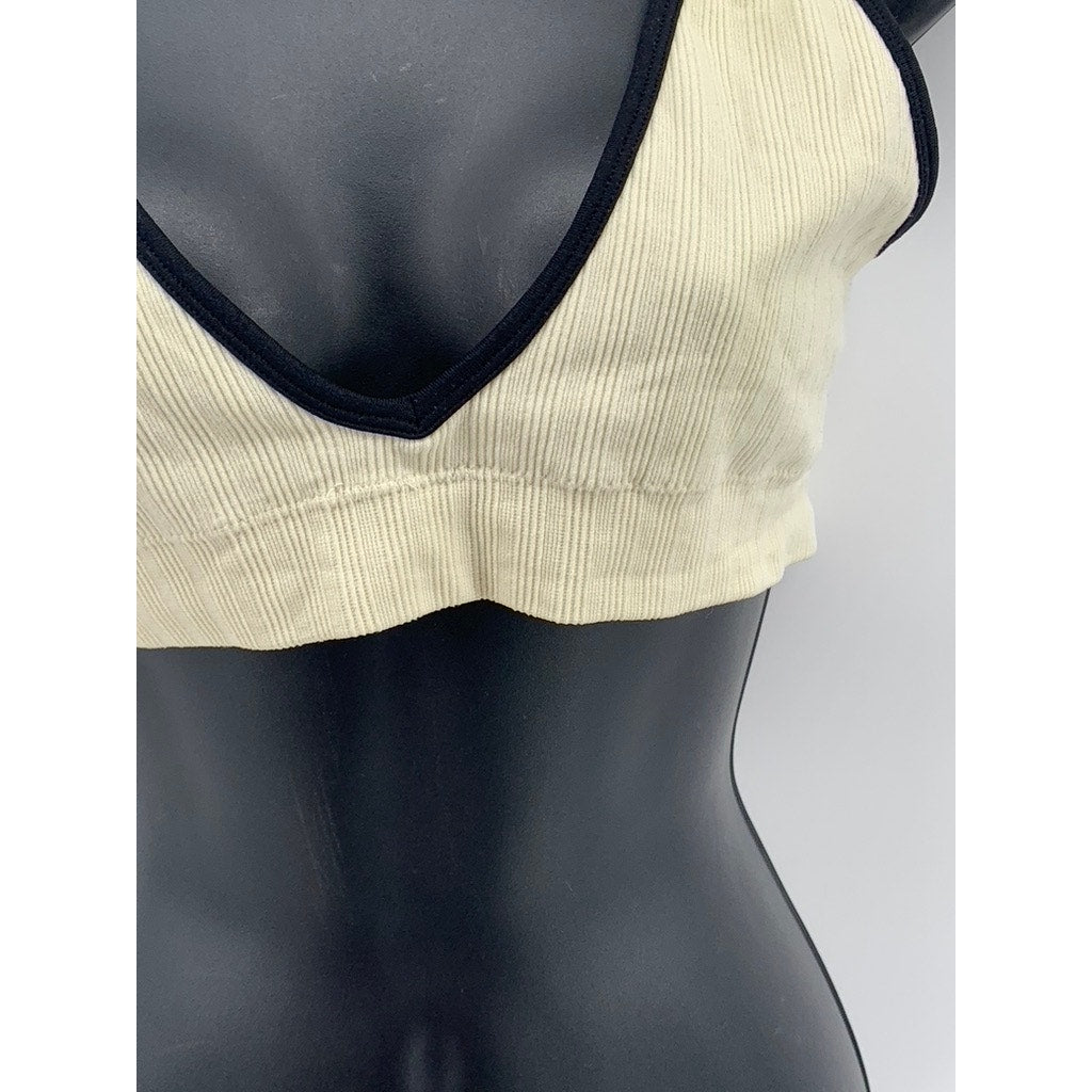UNBRANDED Women's Cream-Black Ribbed V-Neck Sports Bra SZ L