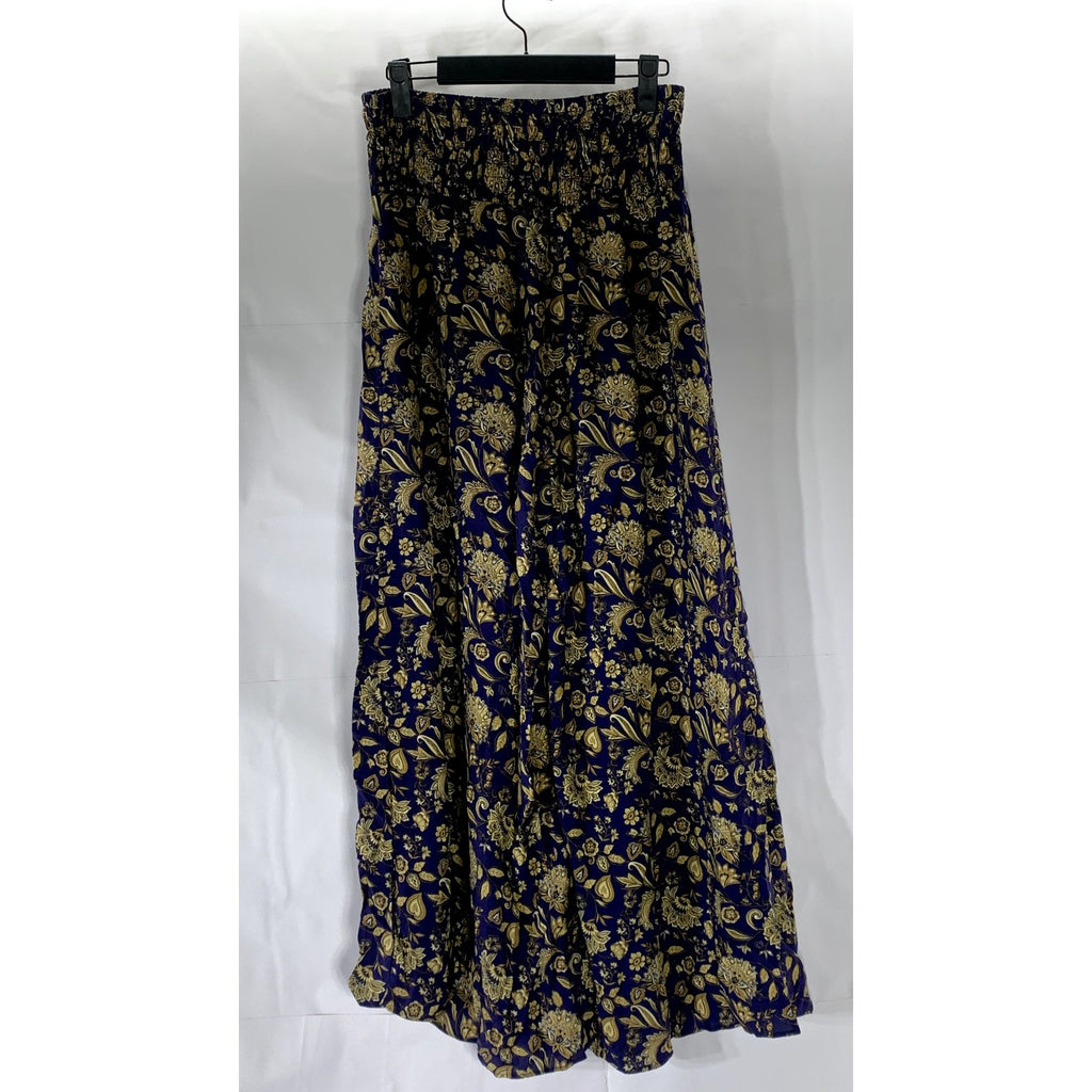 UNBRANDED Women's Navy/Beige Printed Smocked Waist Pull-On Wide-Leg Pant SZ S