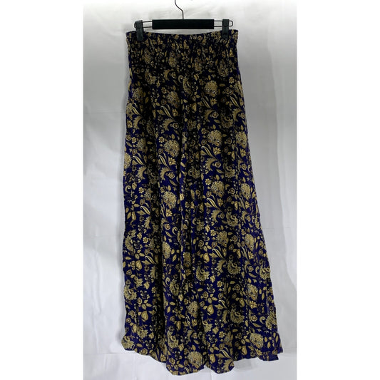 UNBRANDED Women's Navy/Beige Printed Smocked Waist Pull-On Wide-Leg Pant SZ S