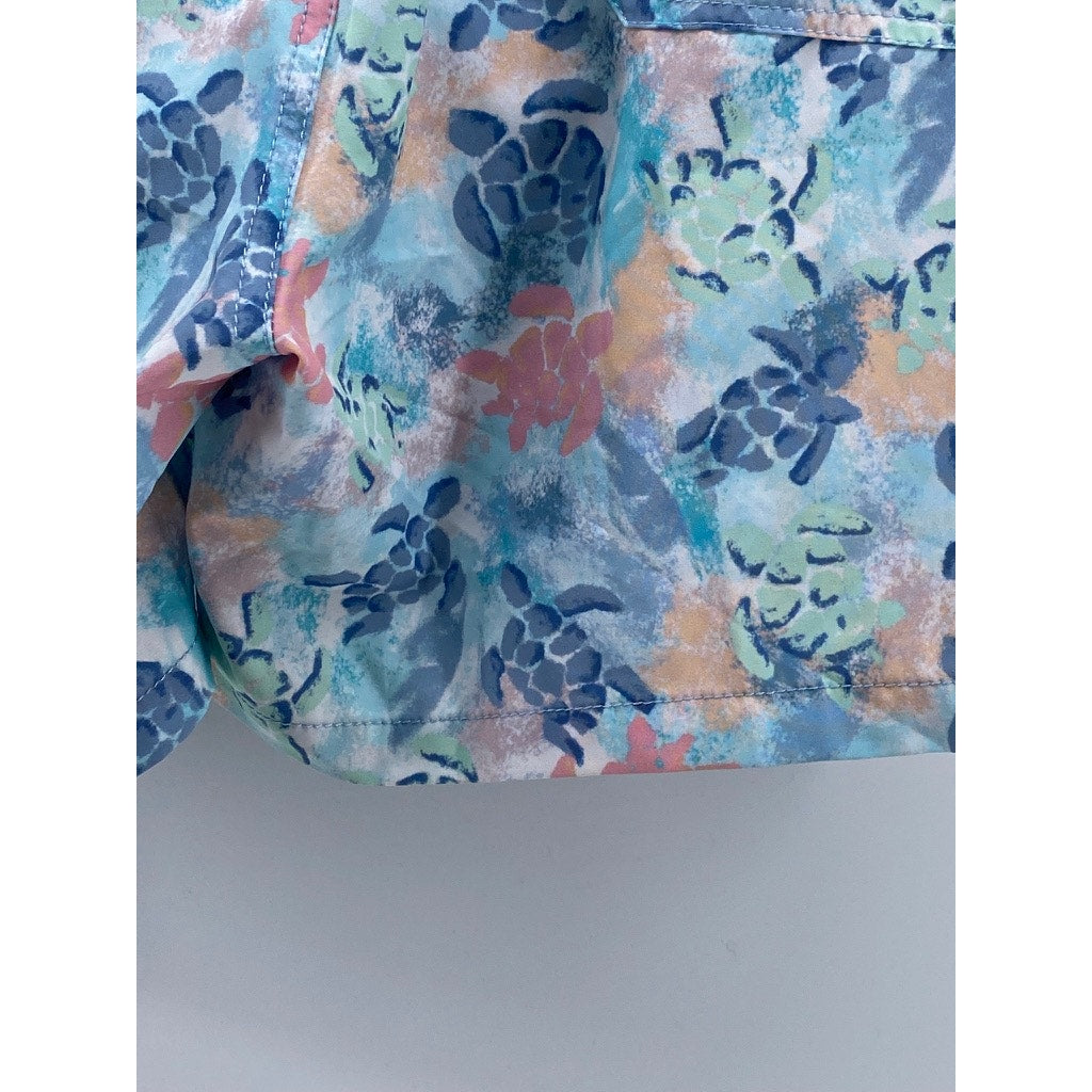 VINTAGE SUMMER Men's Light Blue Turtle Print Drawstring Mesh Swim Shorts SZ M