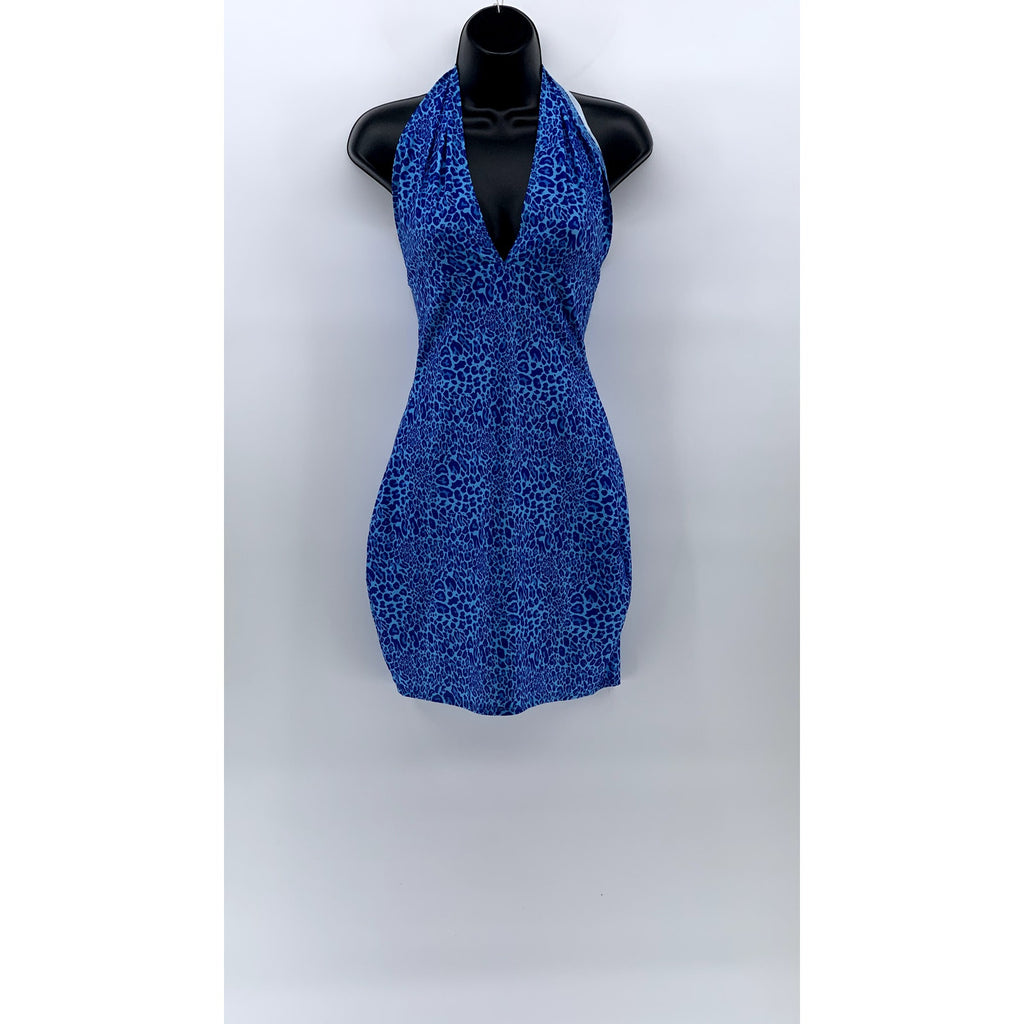 UNBRANDED Women's Blue Y2K Cheetah V-Neck Sleeveless Bodycon Mini Dress SZ S