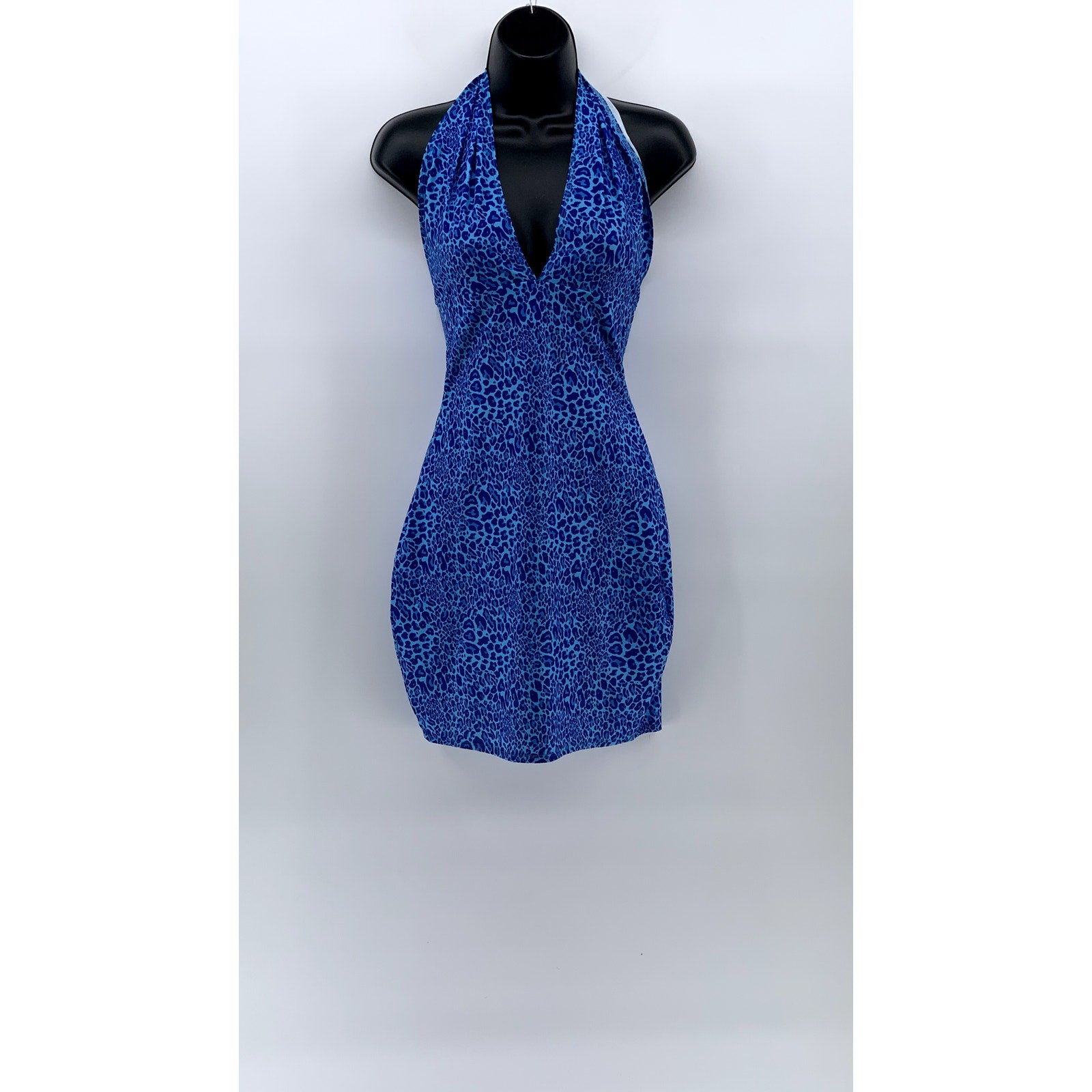 UNBRANDED Women's Blue Y2K Cheetah V-Neck Sleeveless Bodycon Mini Dress SZ S