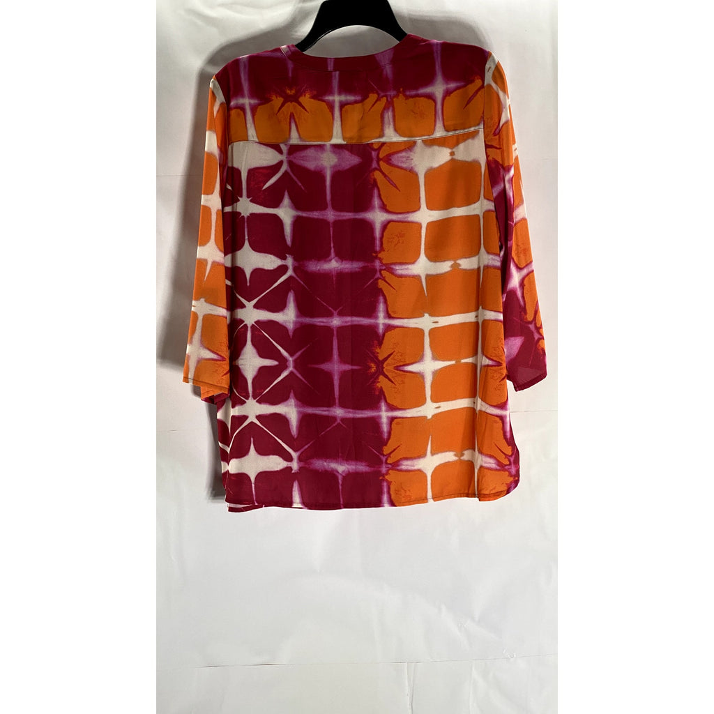 CHICO'S Women's Red/Orange Printed 3/4 Sleeve Henley Top SZ 1(US8/M)