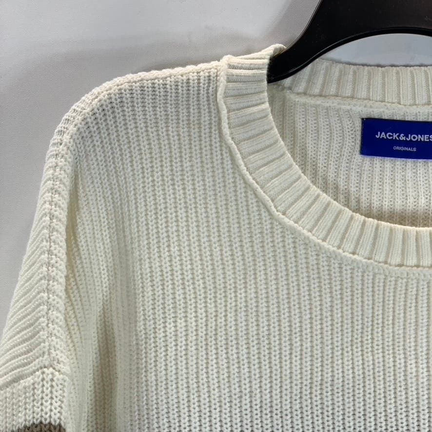 JACK & JONES Men's Cream Navy Colorblock Knit Ribbed Crew Neck Sweater SZ XL