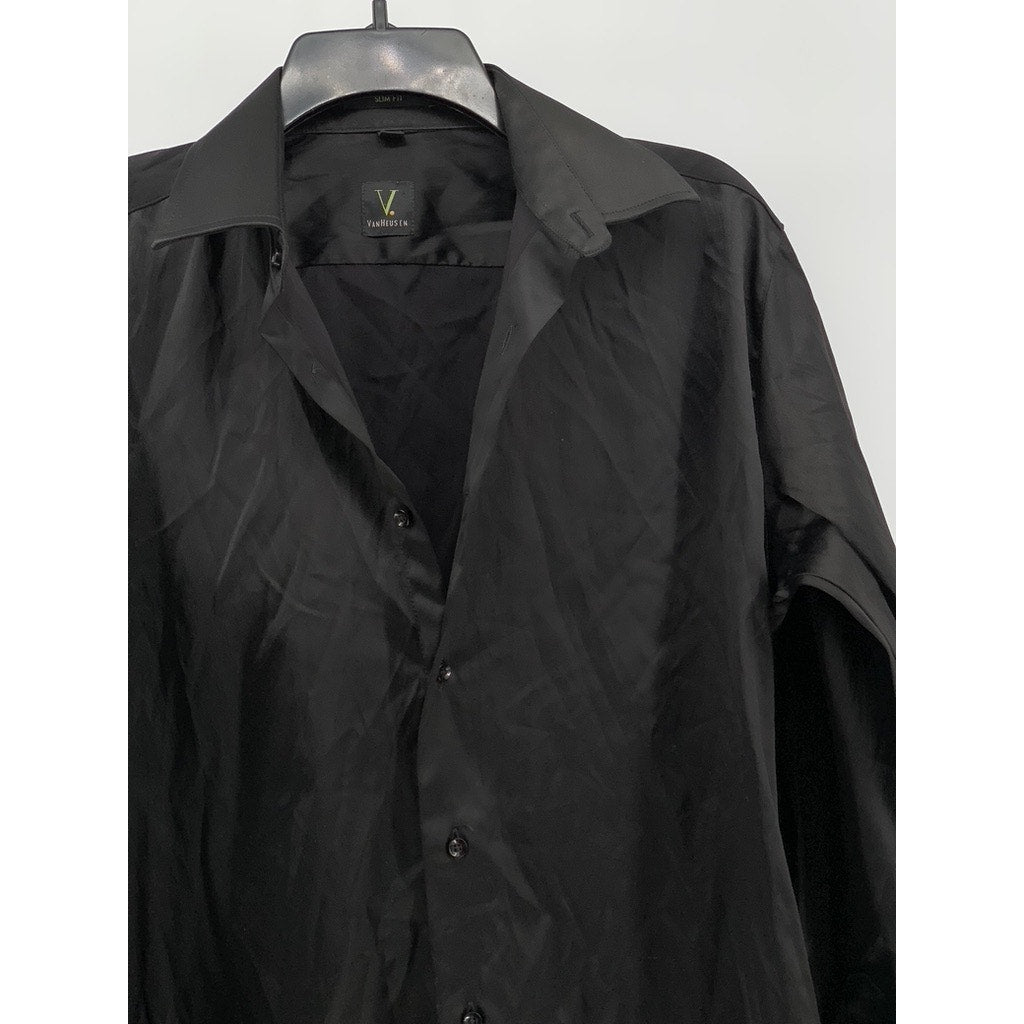 VAN HEUSEN Men's Black Solid Slim-Fit Button-Up Long Sleeve Shirt SZ 15.5