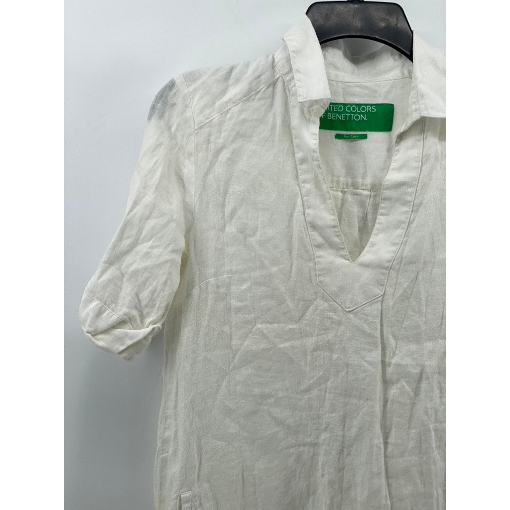UNITED COLORS OF BENETTON Women's White Linen Split-Neck A-Line Mini Dress SZ XS