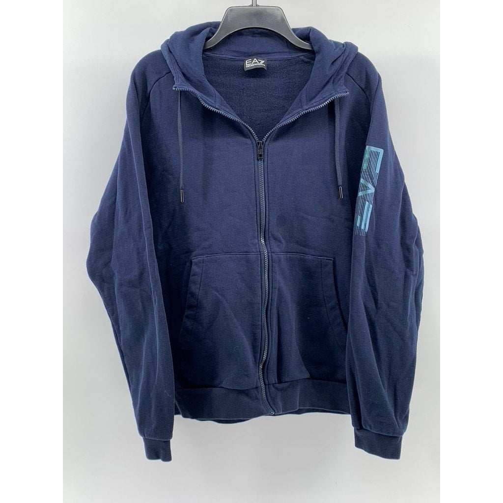 EA7 EMPORIO ARMANI Men's Navy Blue Zip-Up Hooded Sweater SZ L