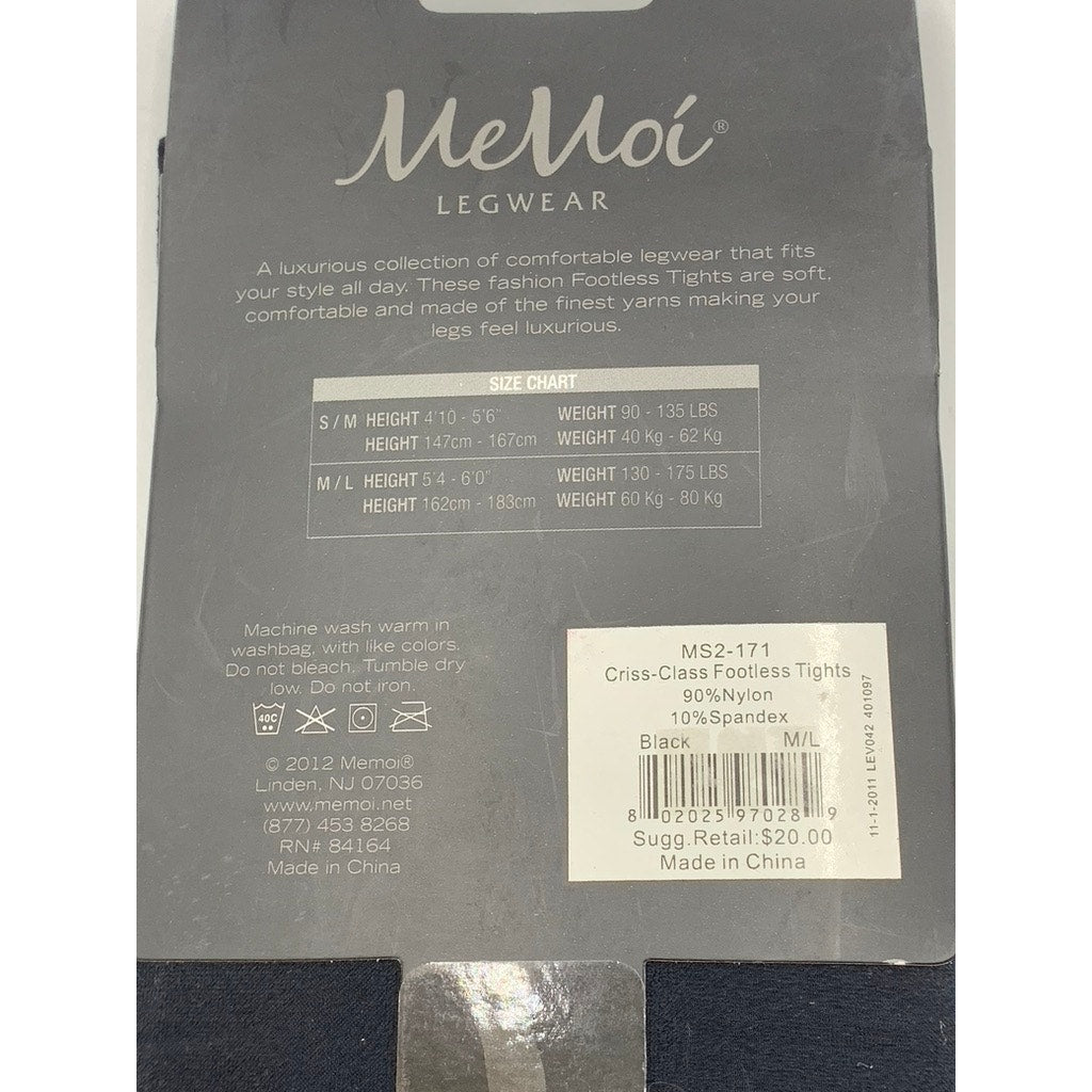 MEMOI Women's Black Solid Semi Sheer Criss-Class Footless Tights SZ M/L