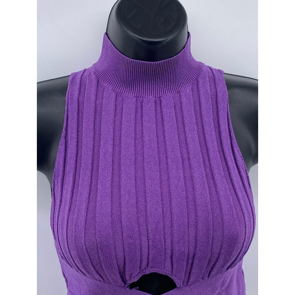 ZARA Women's Purple Mock-Neck Sleeveless Wide Rib Cross Hem Cropped Top SZ S