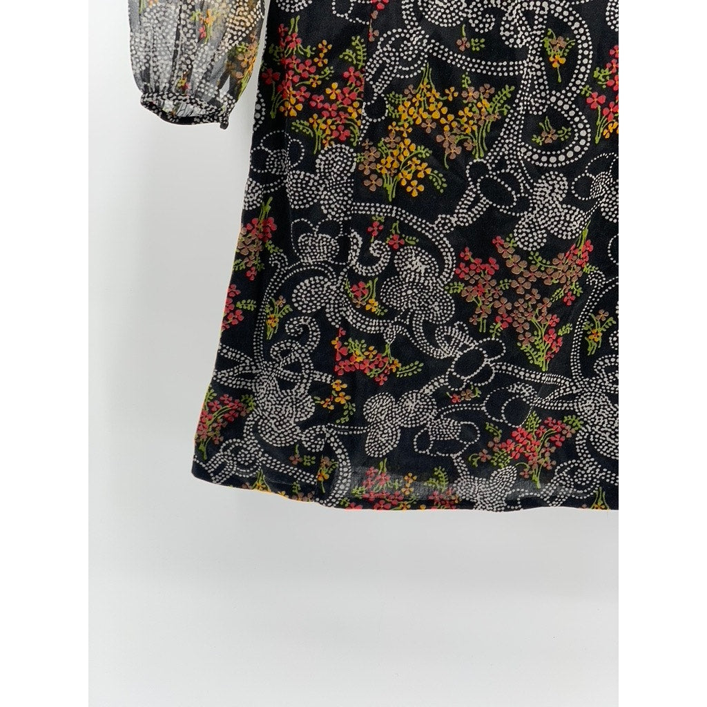 UNBRANDED Black Floral Sheer Long Sleeve A-Line Crewneck Mini Dress SZ S