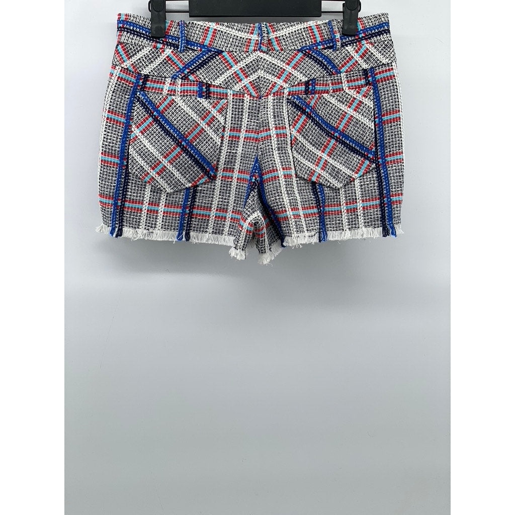 REBECCA MINKOFF Women's Black-Red-Blue Tweed Raw-Hem Shorts SZ 2