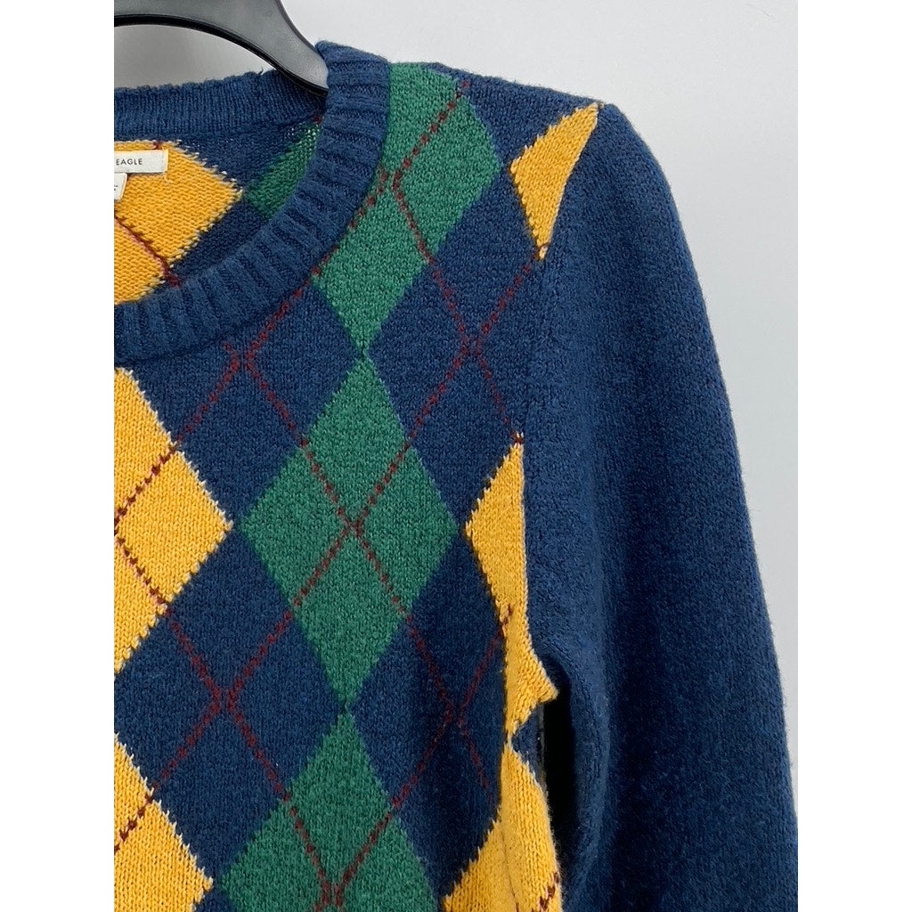 AMERICAN EAGLE Women's Navy-Yellow-Green Argyle Print Sweater SZ M