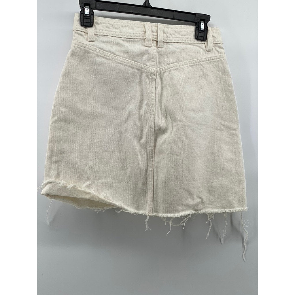 H&M Women's White & Denim Double Button Front-Zipper Raw Hem Mini Skirt SZ 2