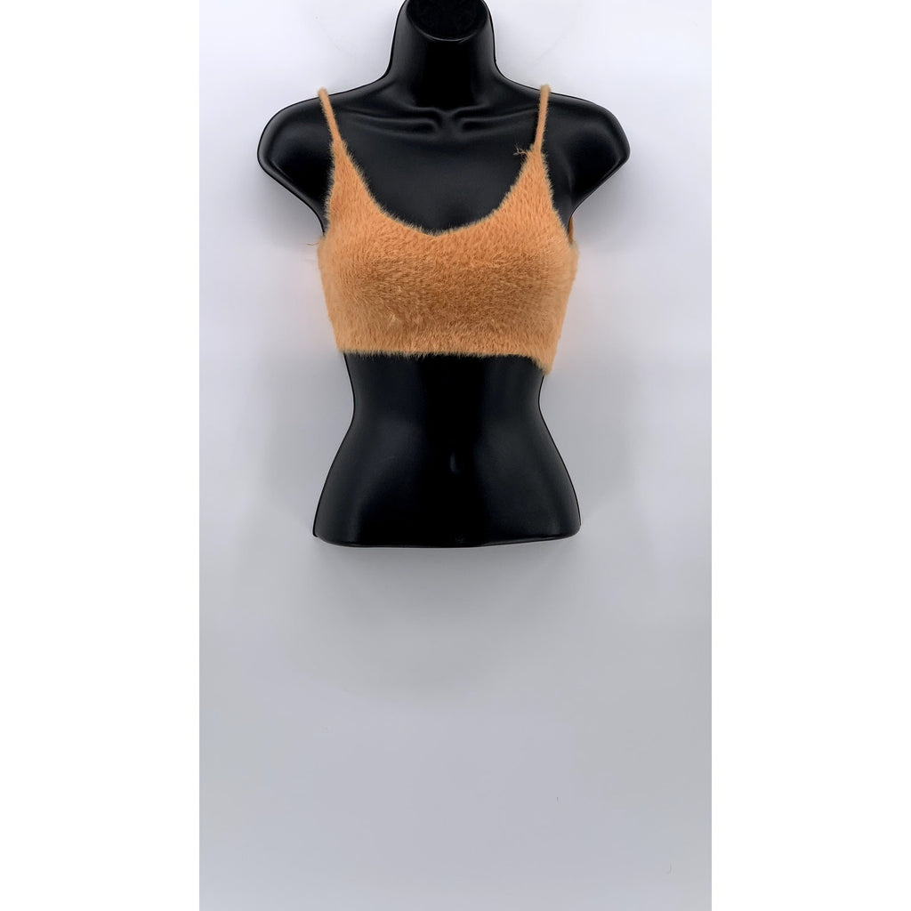 FOR LOVE & LEMONS Women's Peach Fuzzy Scoop-Neck Spaghetti Strap Crop Top SZ S
