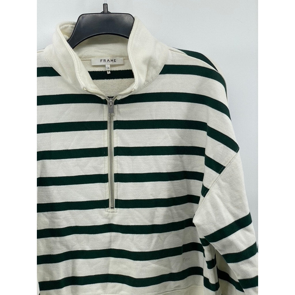 FRAME Women's White-Black Striped Half-Zip Mock Collar Long Sleeve Sweater SZ L