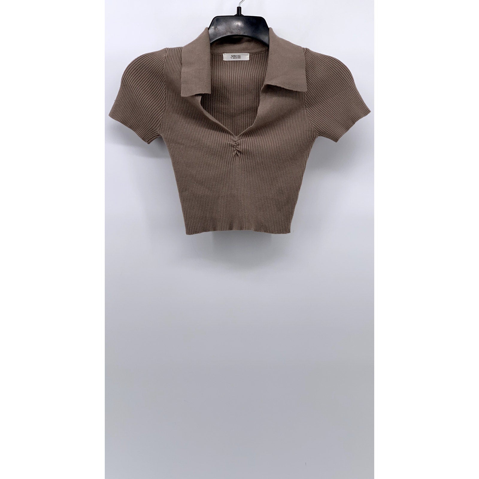 ACTIVE USA Women's Brown Ribbed Short Sleeve Crop Top SZ S