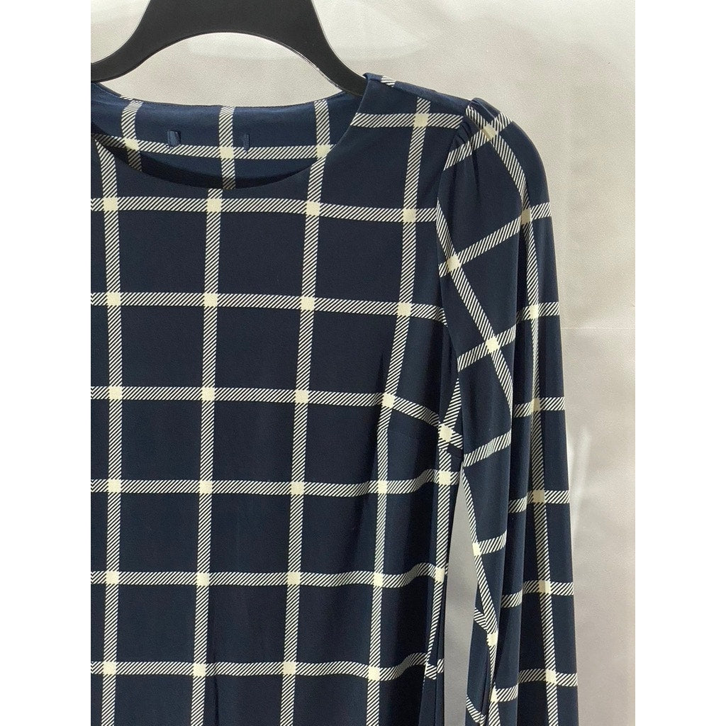 TOMMY HILFIGER Women's Navy Checkered Crewneck Long Sleeve Knee Length Dress SZS
