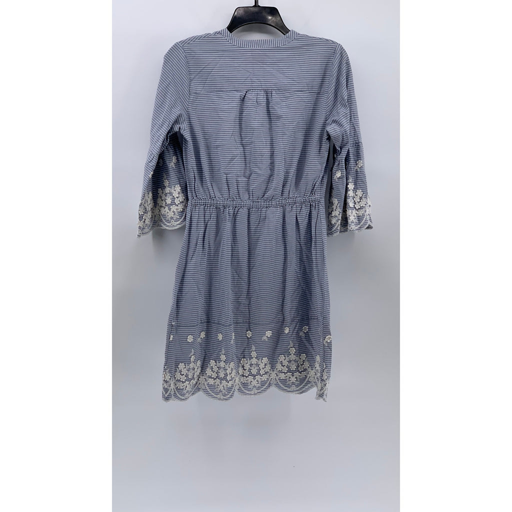 A NEW DAY Women's Blue-White Striped Surplice Embroidered Elbow Sleeve Dress SZS