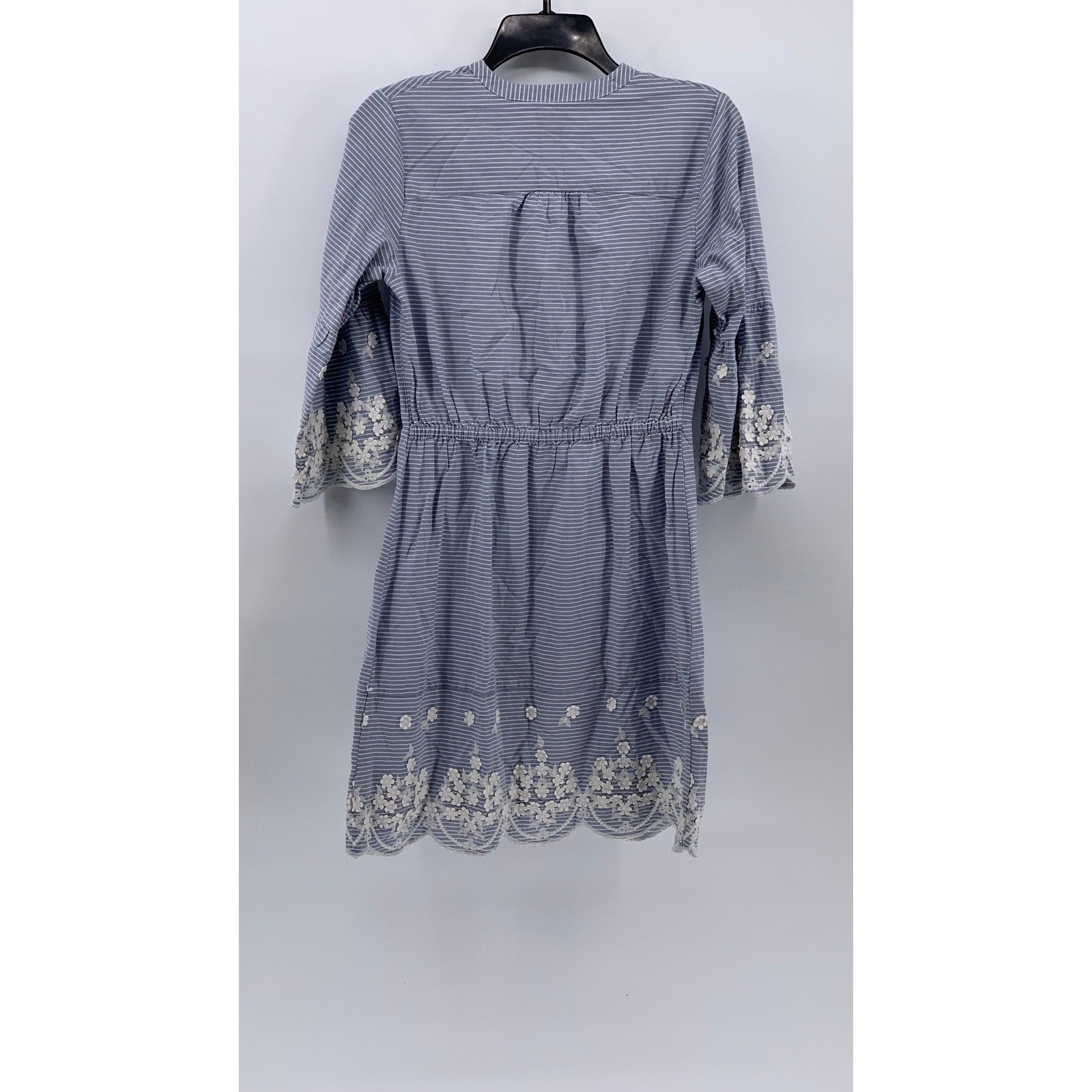 A NEW DAY Women's Blue-White Striped Surplice Embroidered Elbow Sleeve Dress SZS