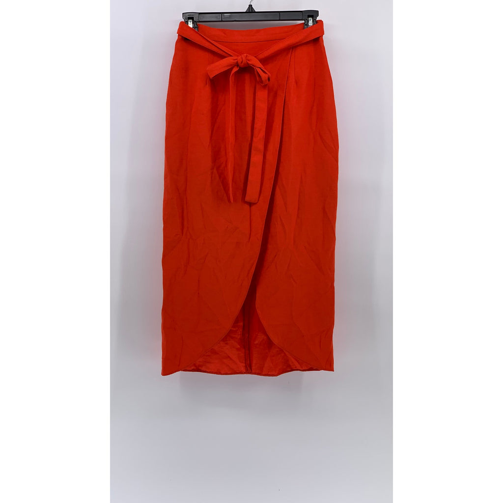 RIVER ISLAND Women's Orange Solid Side-Slit Belted Pencil Midi Skirt SZ 8