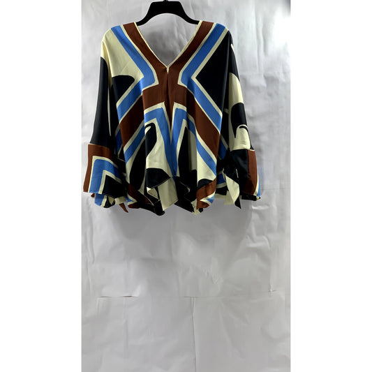 ZARA Women's Multi-Color Printed V-Neck Long Flare Tie Sleeves Top SZ S