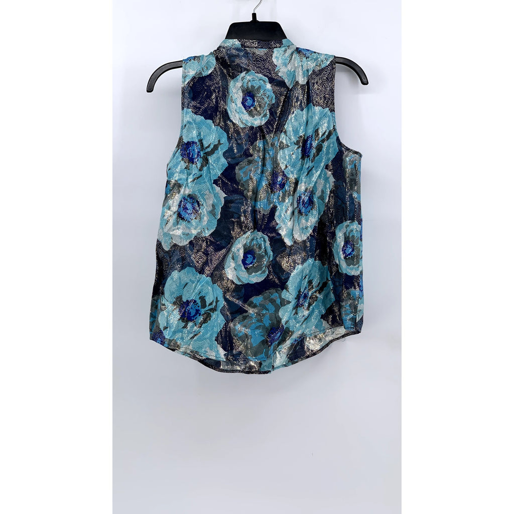 J.CREW Women's Blue Shimmer Floral Jacquard Ruffle-Front Top SZ S