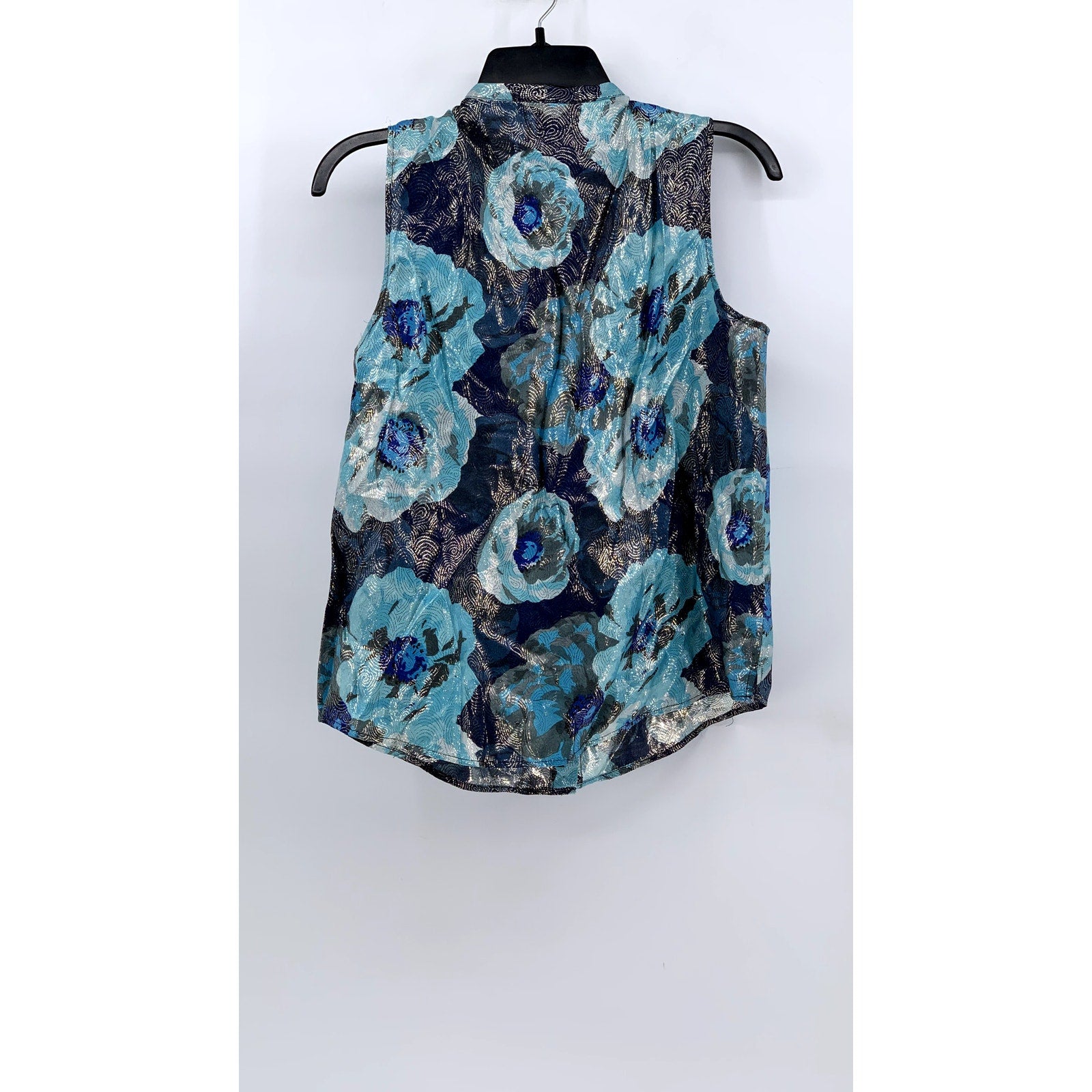 J.CREW Women's Blue Shimmer Floral Jacquard Ruffle-Front Top SZ S
