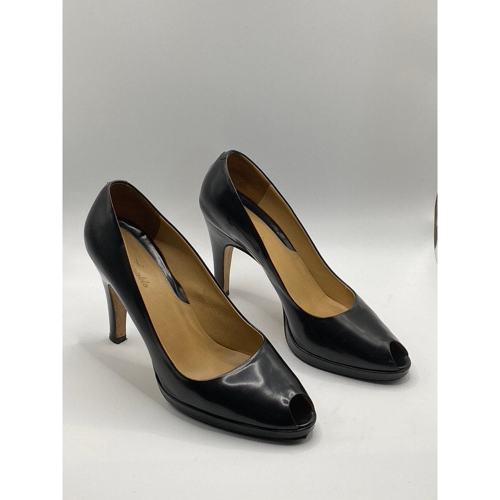 FACONNABLE Women's Black Leather Peep-Toe Slip-On Stiletto Heels SZ 6.5