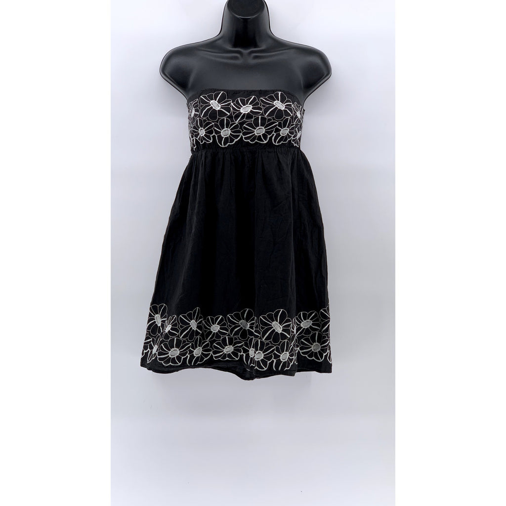 TIMING Women's Black-White Floral Embroidered Strapless A-Line Mini Dress SZ L