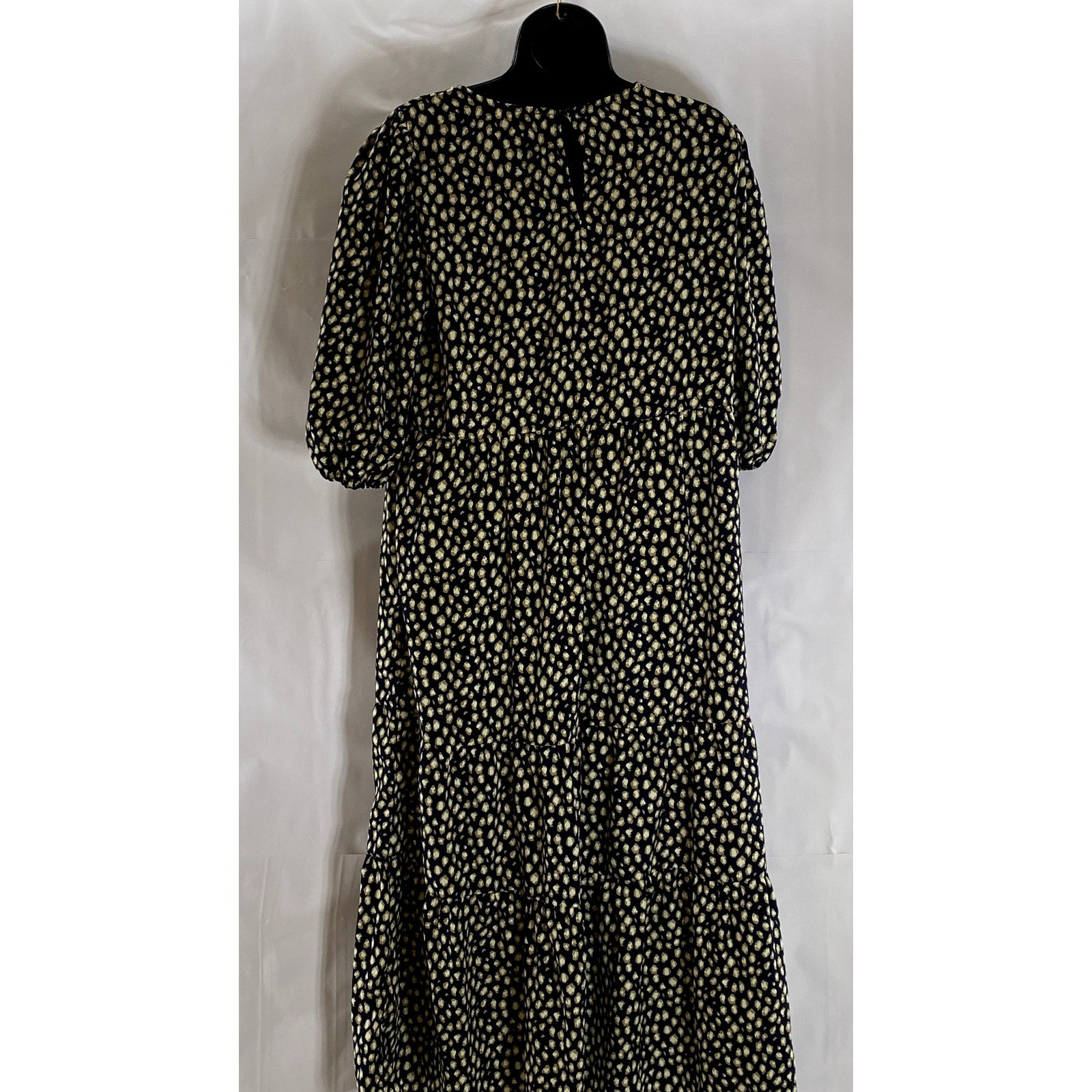 CALISTA Women's Navy Printed Crewneck Puff-Sleeve Tiered Midi Dress SZ L