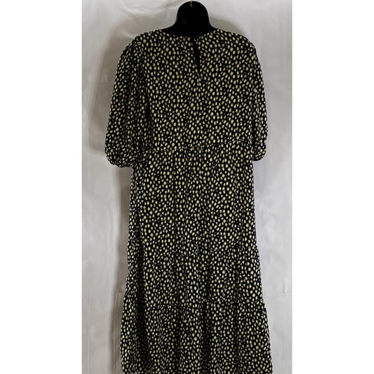 CALISTA Women's Navy Printed Crewneck Puff-Sleeve Tiered Midi Dress SZ L