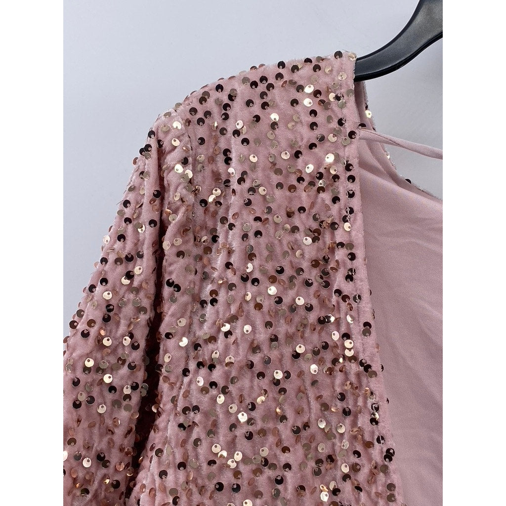 R. VIVIMOS Women's Pink Crewneck Sequin Open-Back Elbow Sleeve Mini Dress SZ L