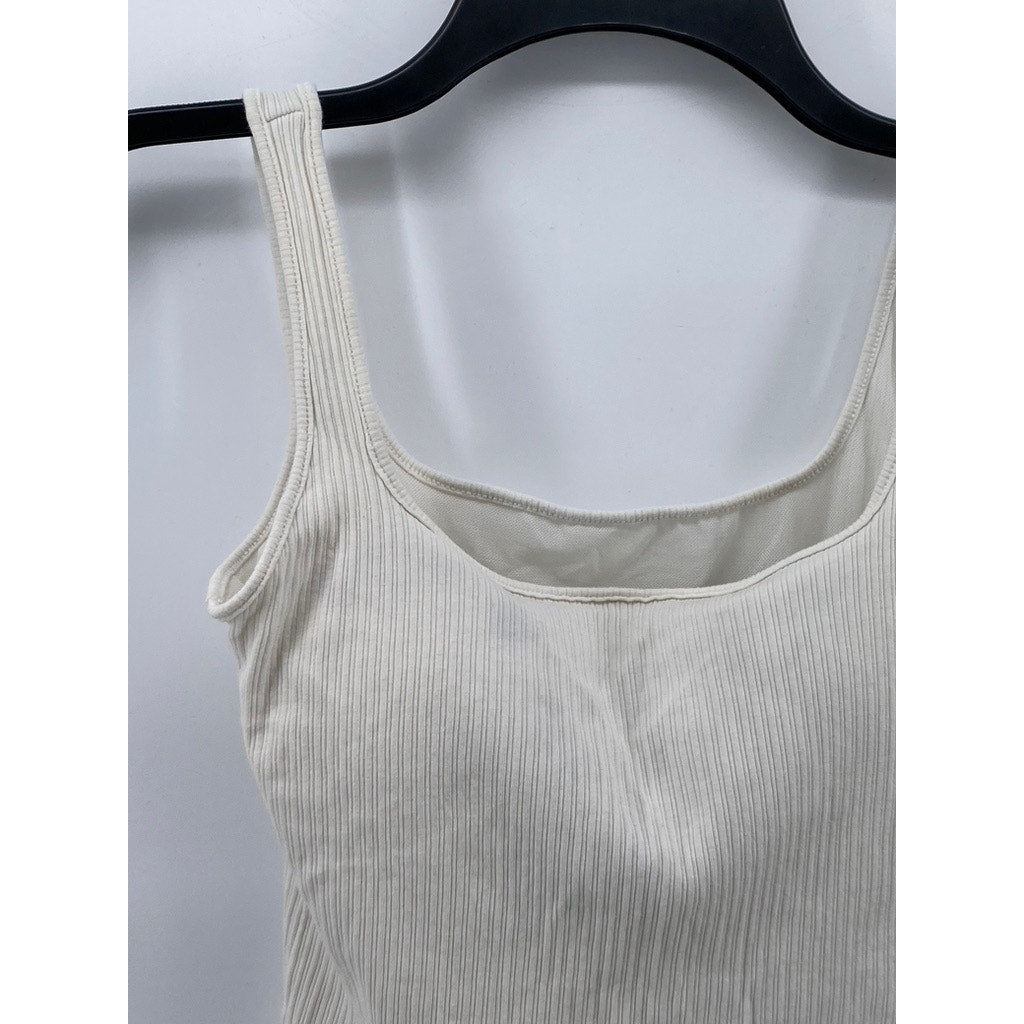 UNBRANDED Women's White Straight-Neck Ribbed Padded Tank Top SZ S
