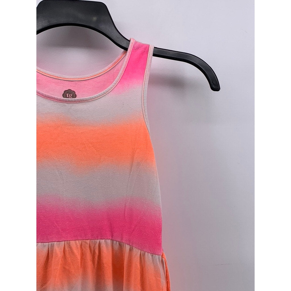TOTAL GIRL Girls' White-Orange Striped Tie-Waist Tank Dress SZ S(7-8)