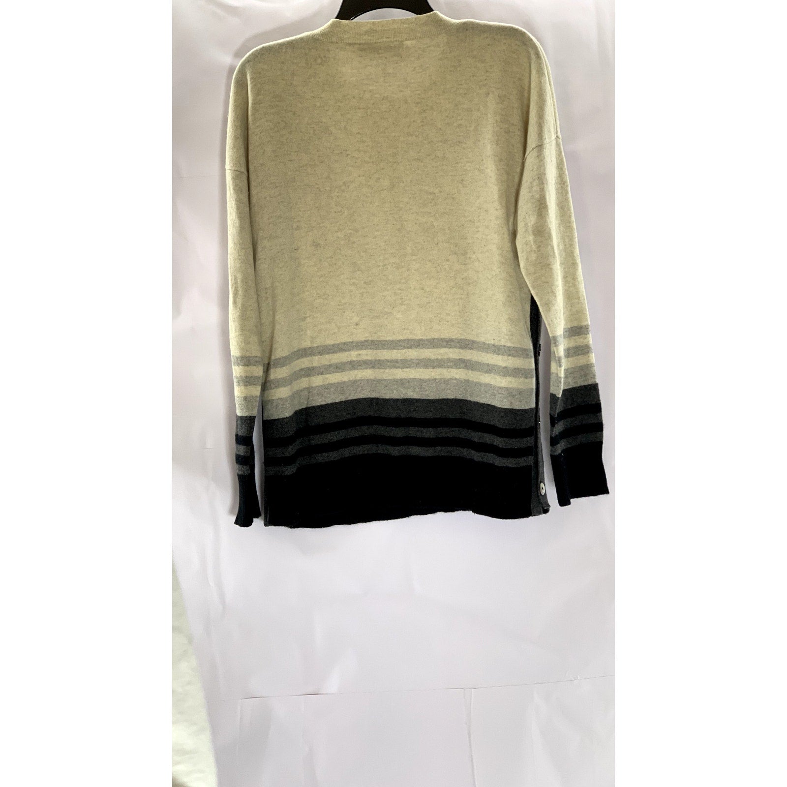 KOKUN Women's Tan/Black Cashmere Striped Colorblock  Side-Button Sweater SZ M