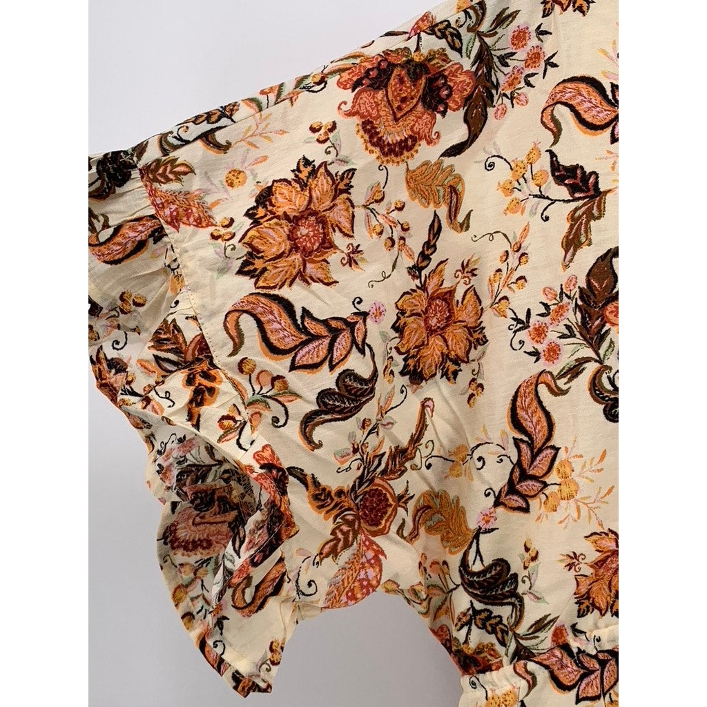 FOREVER 21 Women's Cream-Orange Floral Short Sleeve V-Neck Mini Dress SZ S