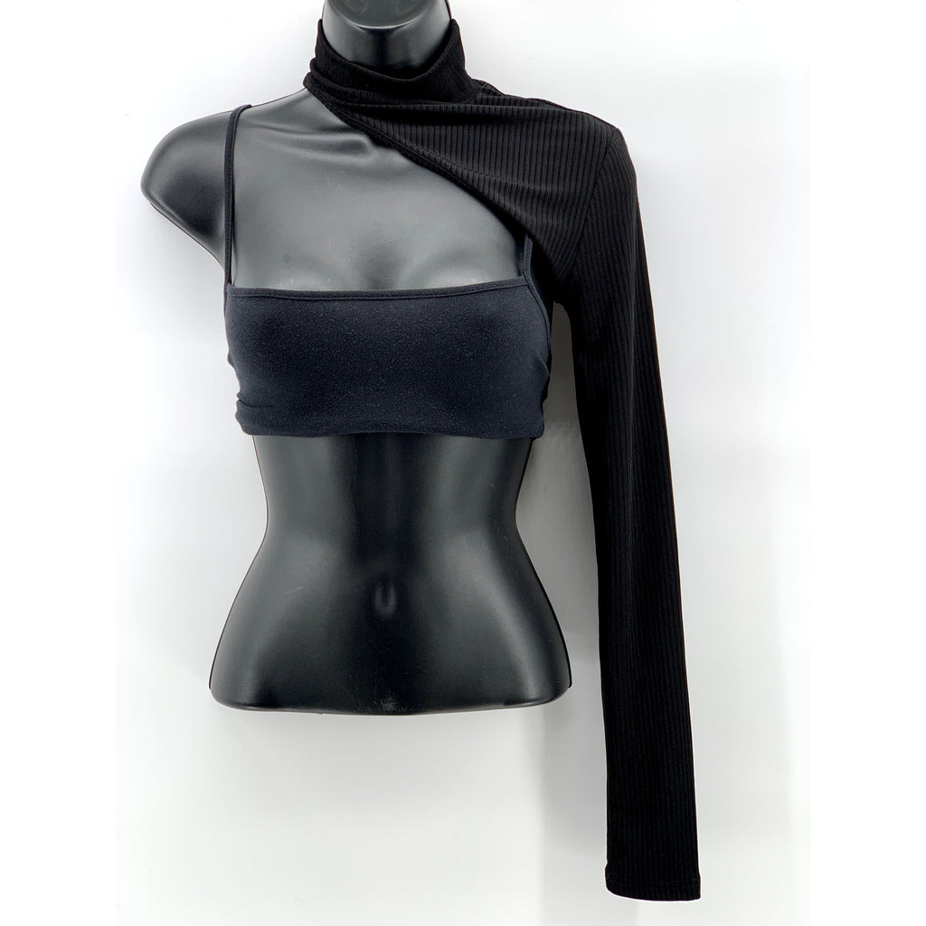 SHEIN Women's Black Ribbed Mock-Neck Long Sleeve Coverup SZ 6