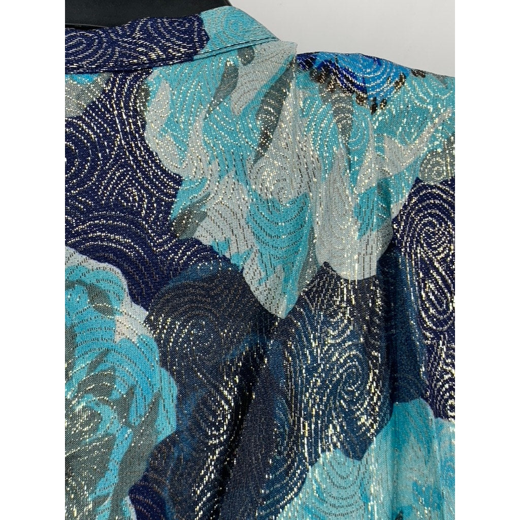 J.CREW Women's Blue Shimmer Floral Jacquard Ruffle-Front Top SZ S